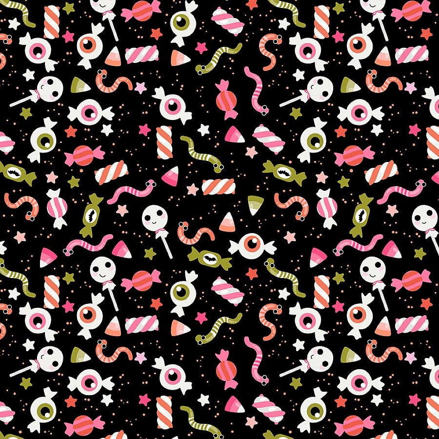 Not Scary Gooey Sweets Black – Remnant 29″ × 44″ - Poppie Cotton from Fort Worth Fabric Studio