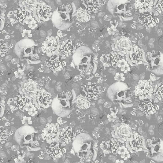 Pretty Scary Floral & Skull Toss Storm - Studio E from Fort Worth Fabric Studio