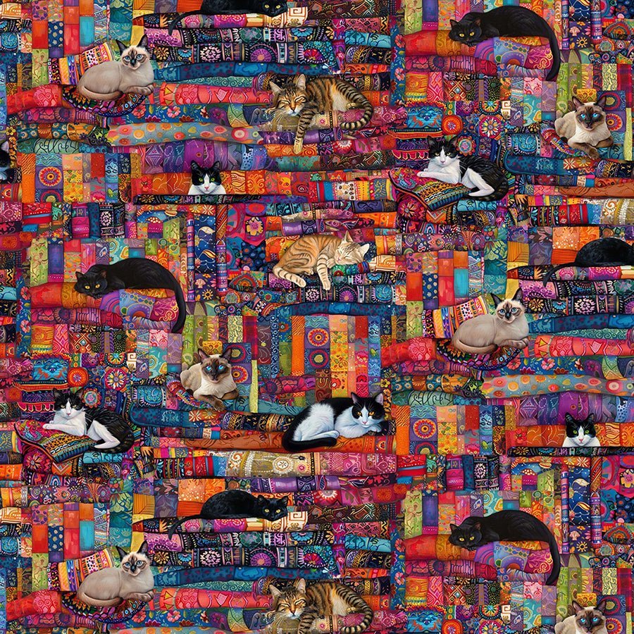 Purrfect Patchwork Cats on Quilts Multi – Remnant 15″ × 44″ - Timeless Treasures from Fort Worth Fabric Studio