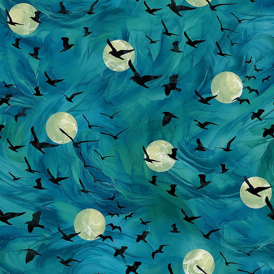 Raven's Call Flying Ravens Teal - Northcott from Fort Worth Fabric Studio