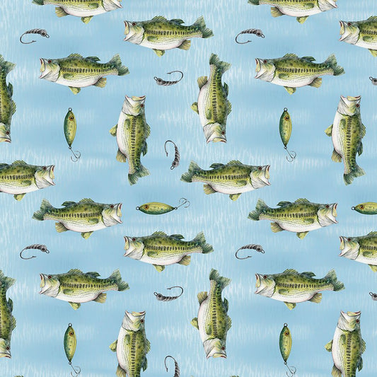 Reeled In Directional Fish Toss Light Blue - Wilmington Prints from Fort Worth Fabric Studio