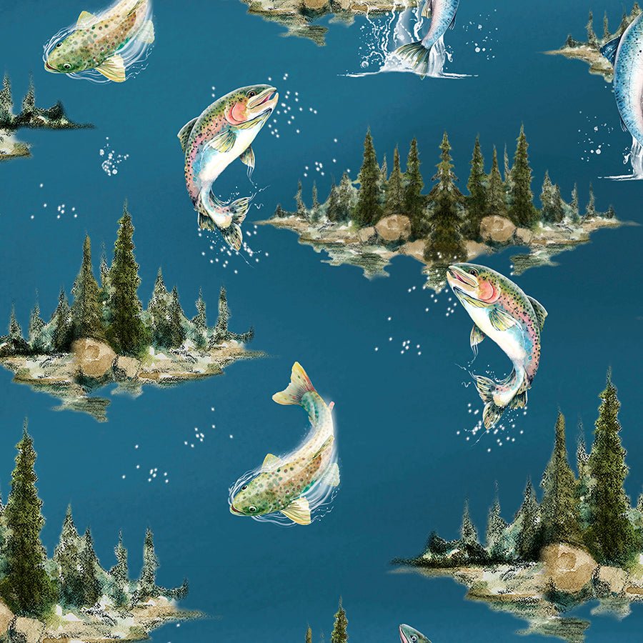 Reeled In Lake Scenic with Fish Blue – Remnant 21″ × 44″