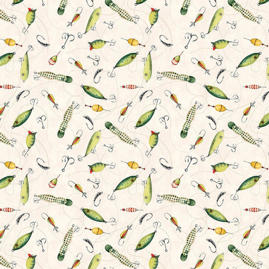 Reeled In Lures Toss Cream – Remnant 19" × 44" - Wilmington Prints from Fort Worth Fabric Studio