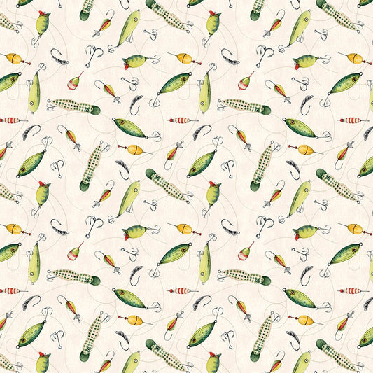 Reeled In Lures Toss Cream - Wilmington Prints from Fort Worth Fabric Studio