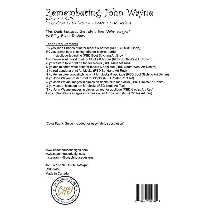 Remembering John Wayne Quilt Pattern by Coach House Designs - Coach House Designs from Fort Worth Fabric Studio