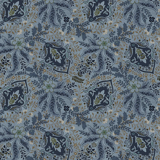 Return of the Blue Bird of Happiness Feathery Paisley Dark Blue - Henry Glass from Fort Worth Fabric Studio