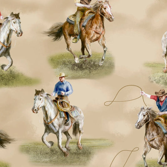 Riders on the Range Riders Tan – Remnant 24" × 44" - Wilmington Prints from Fort Worth Fabric Studio