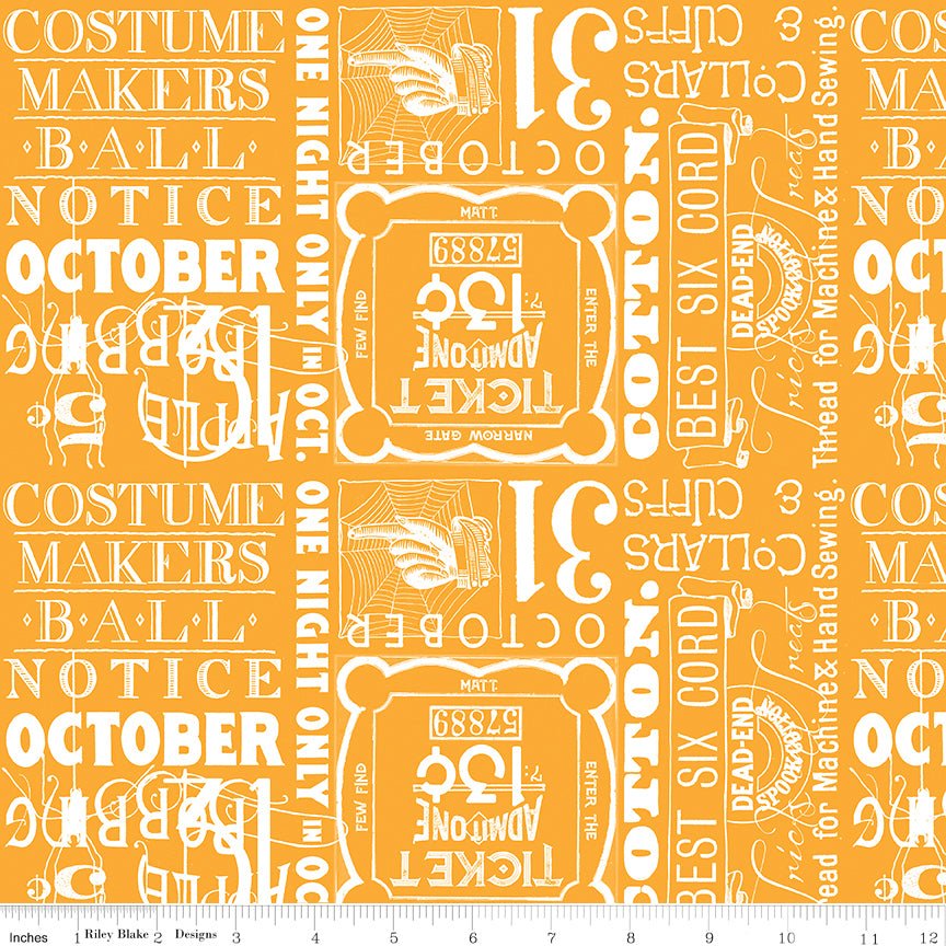 Riley Blake Costume Maker's Act II Ticket Text Orange 1 Yard Cut - Riley Blake from Fort Worth Fabric Studio