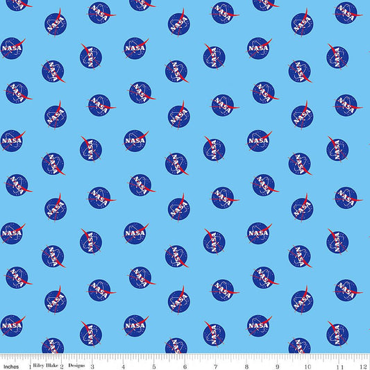 Riley Blake Outer Space Logo Toss Sky 1 Yard Cut - Riley Blake from Fort Worth Fabric Studio
