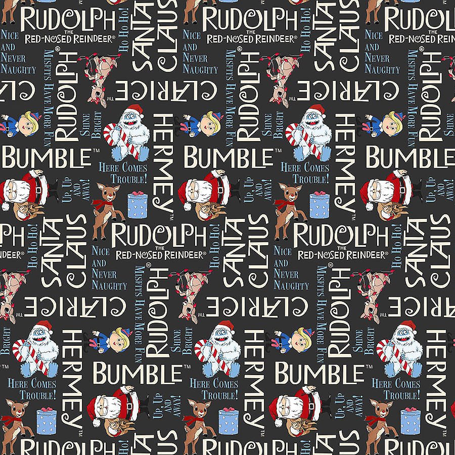 Rudolph The Red - Nosed Reindeer Phrases Charcoal - Northcott from Fort Worth Fabric Studio