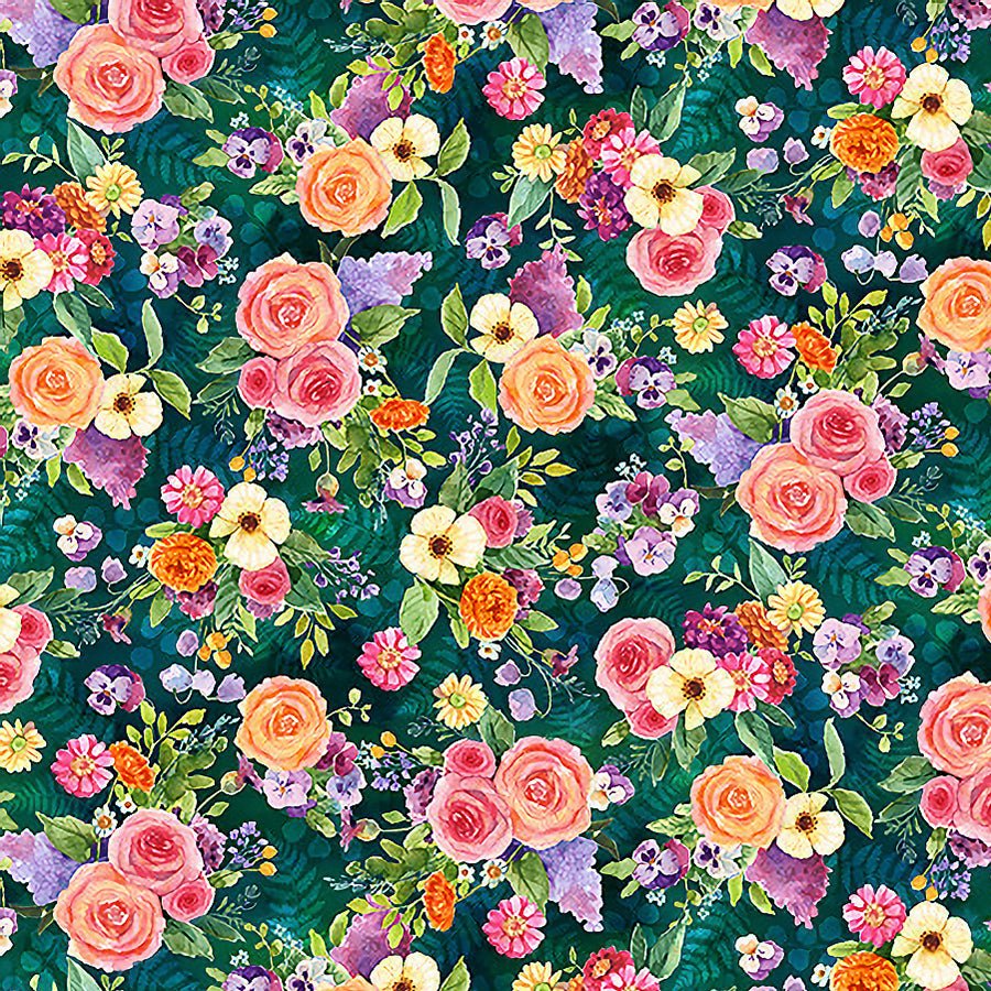 Secret Garden Tea Co. Floral Deep Teal - Hoffman from Fort Worth Fabric Studio