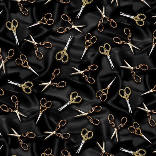 Sew Far Sew Good Tossed Vintage Scissors Charcoal - Timeless Treasures from Fort Worth Fabric Studio