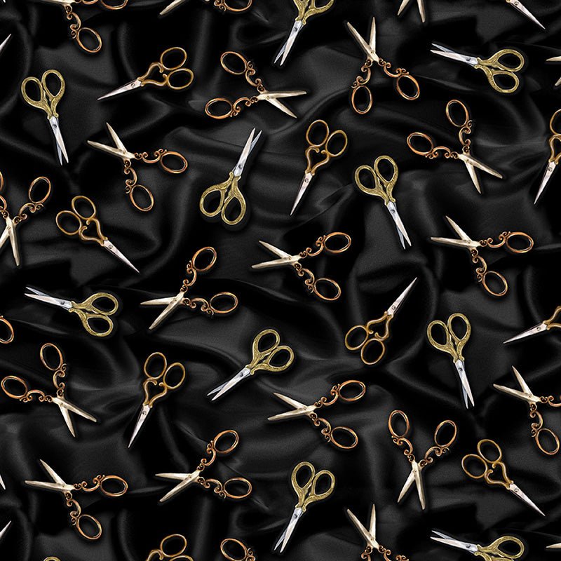 Sew Far Sew Good Tossed Vintage Scissors Charcoal – Remnant 30″ × 44″