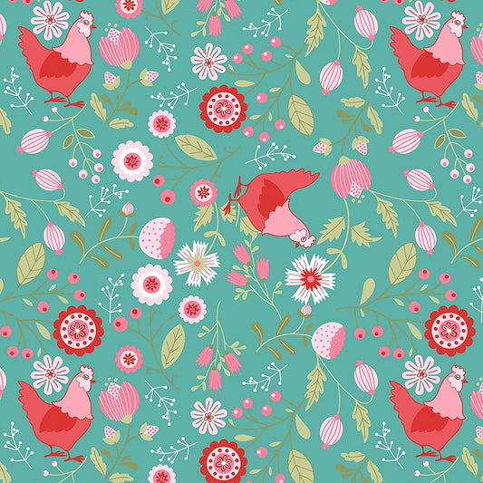 Smitten Chicken Main Aqua - Poppie Cotton from Fort Worth Fabric Studio