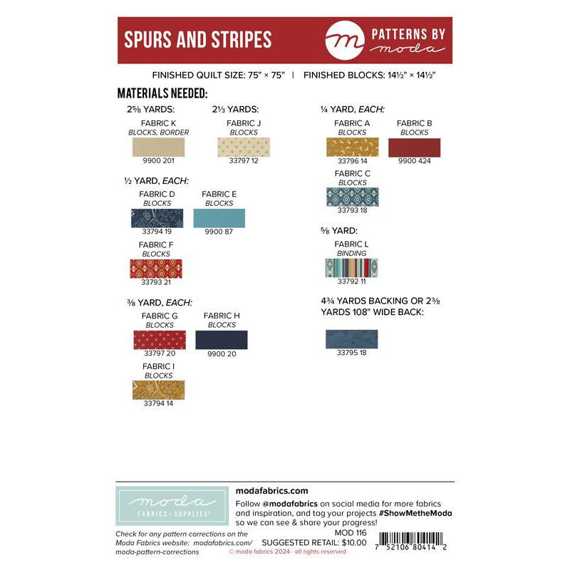 Spurs and Stripes Quilt Pattern by Moda Fabrics - Moda from Fort Worth Fabric Studio
