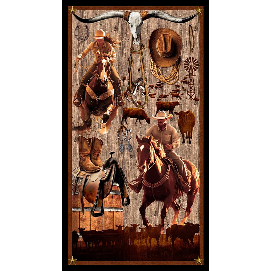 Spurs & Spirits 24" Cowboy Panel Brown - Blank Quilting from Fort Worth Fabric Studio