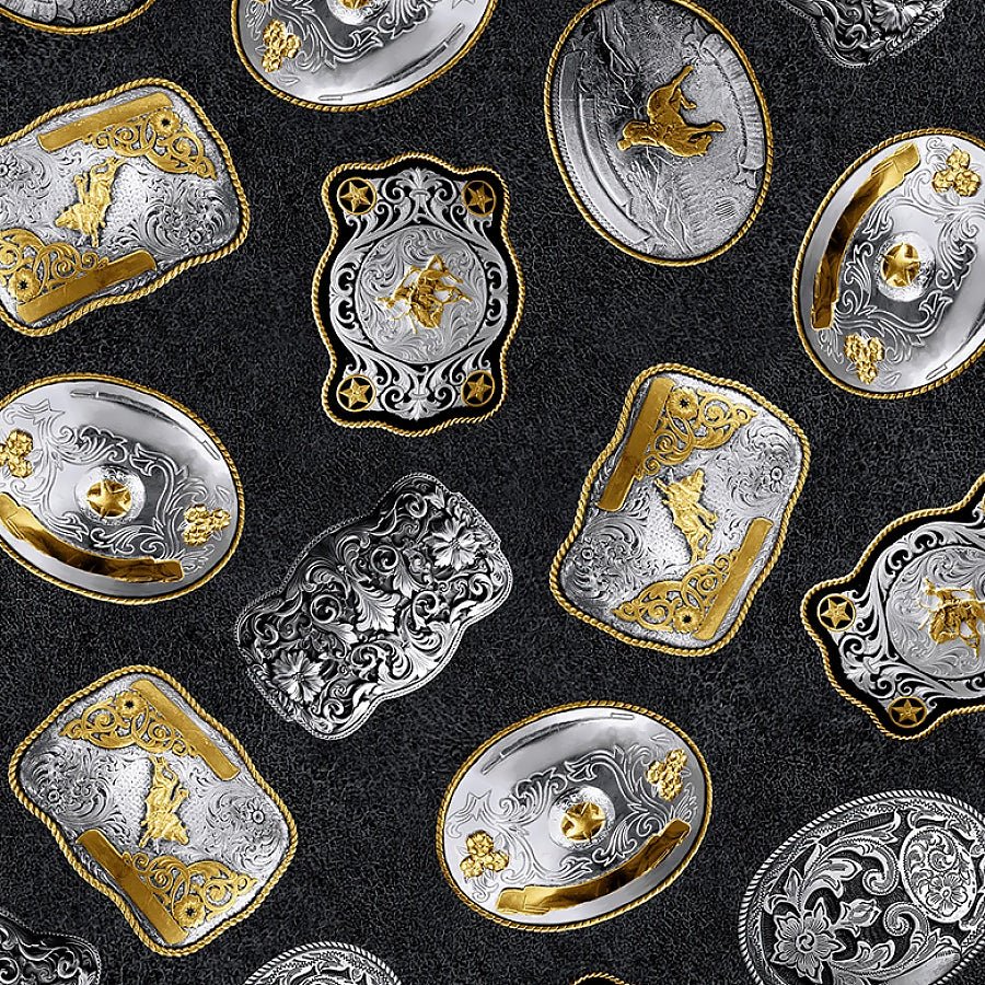 Spurs & Spirits Belt Buckles Black - Blank Quilting from Fort Worth Fabric Studio