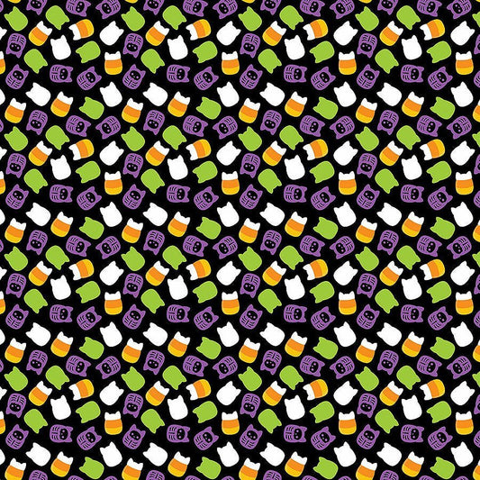 Squishmallows Boo Squad Candy Toss Black Multi – Remnant 18″ × 44″ - Northcott from Fort Worth Fabric Studio