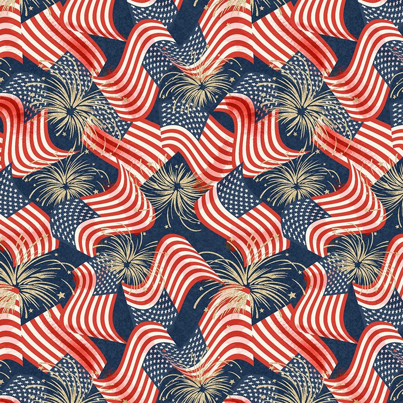 Stripes & Stars Flags & Fireworks Navy - White Owl Textiles from Fort Worth Fabric Studio