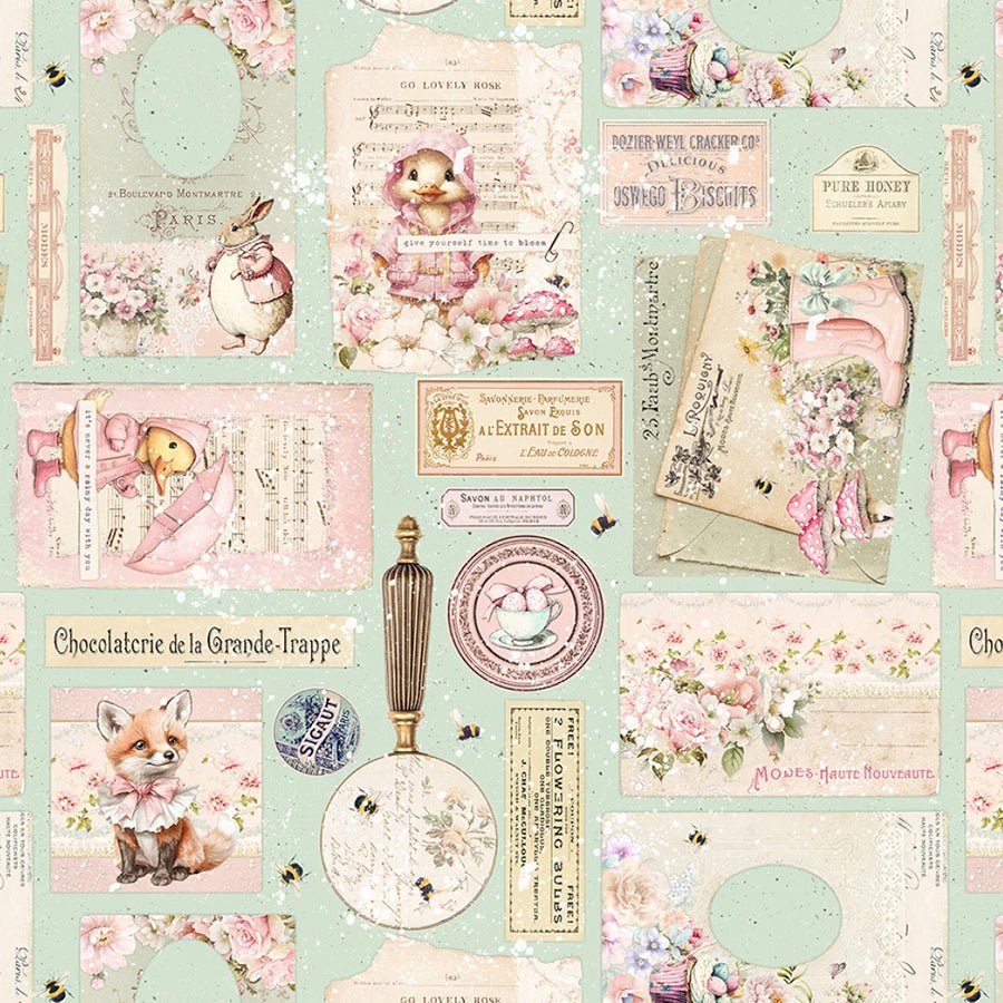 Sweet Spring Vintage Collage Mint - Blank Quilting from Fort Worth Fabric Studio