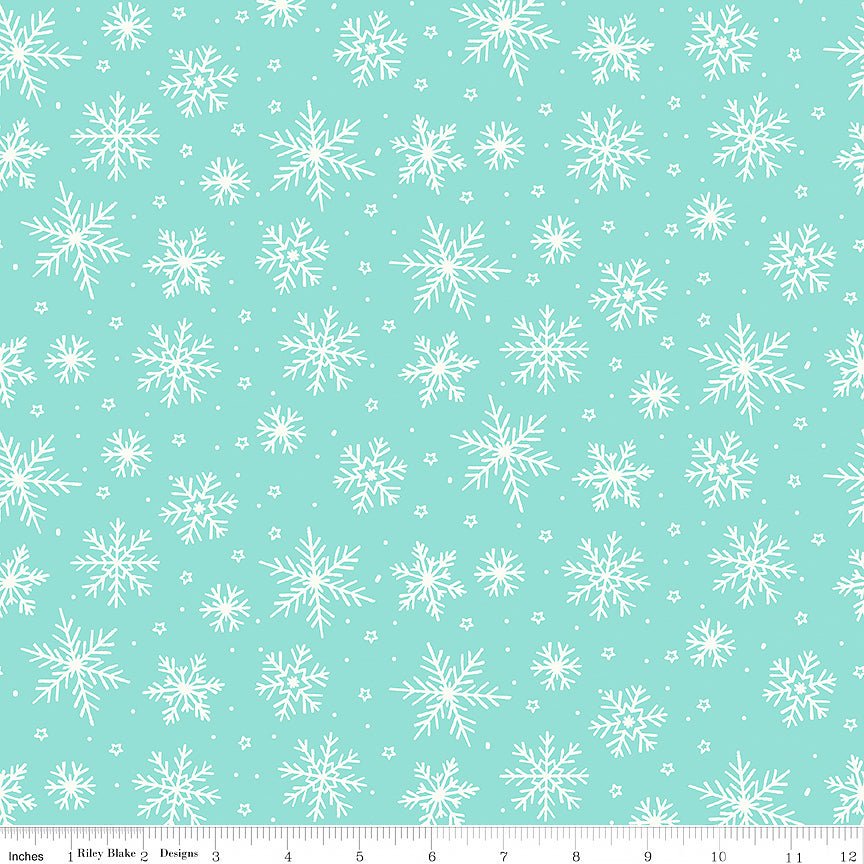 The North Pole Flannel Snowflakes Aqua – Remnant 18″ × 44″