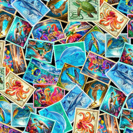 Underwater Paradise Sea Life Stamps Multi - Timeless Treasures from Fort Worth Fabric Studio