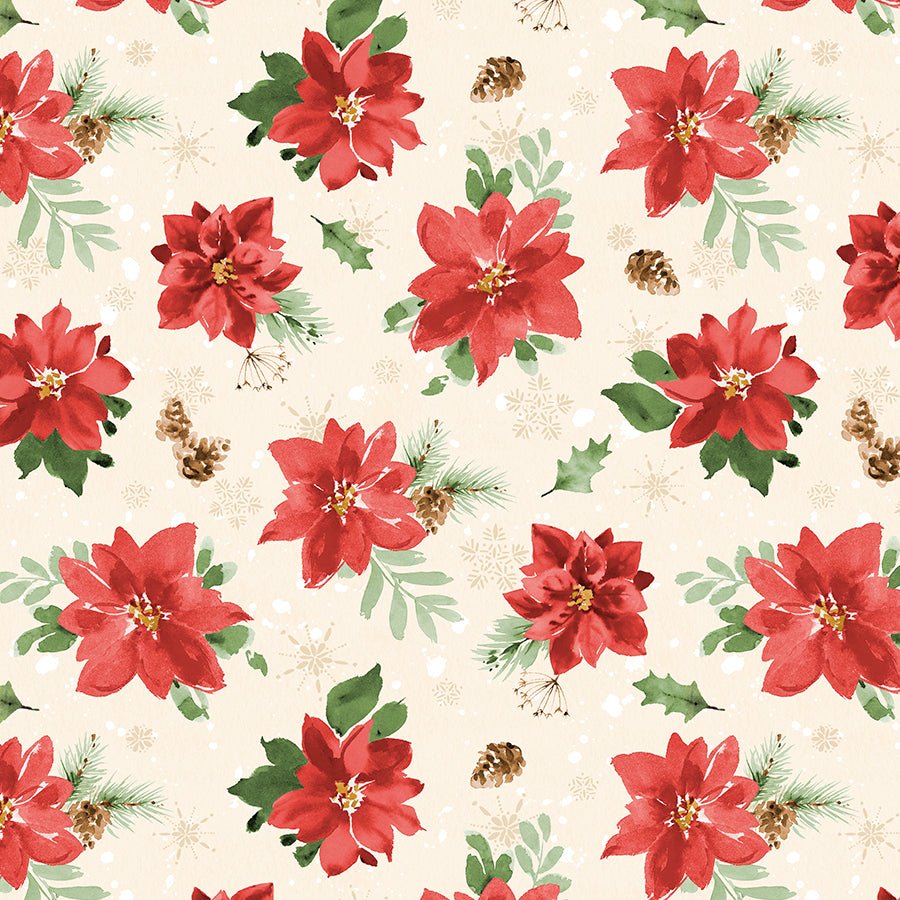 Wilmington Cardinal Celebration Tossed Poinsettias Cream 1 Yard Cut 1 Yard Cut by Wilmington Prints