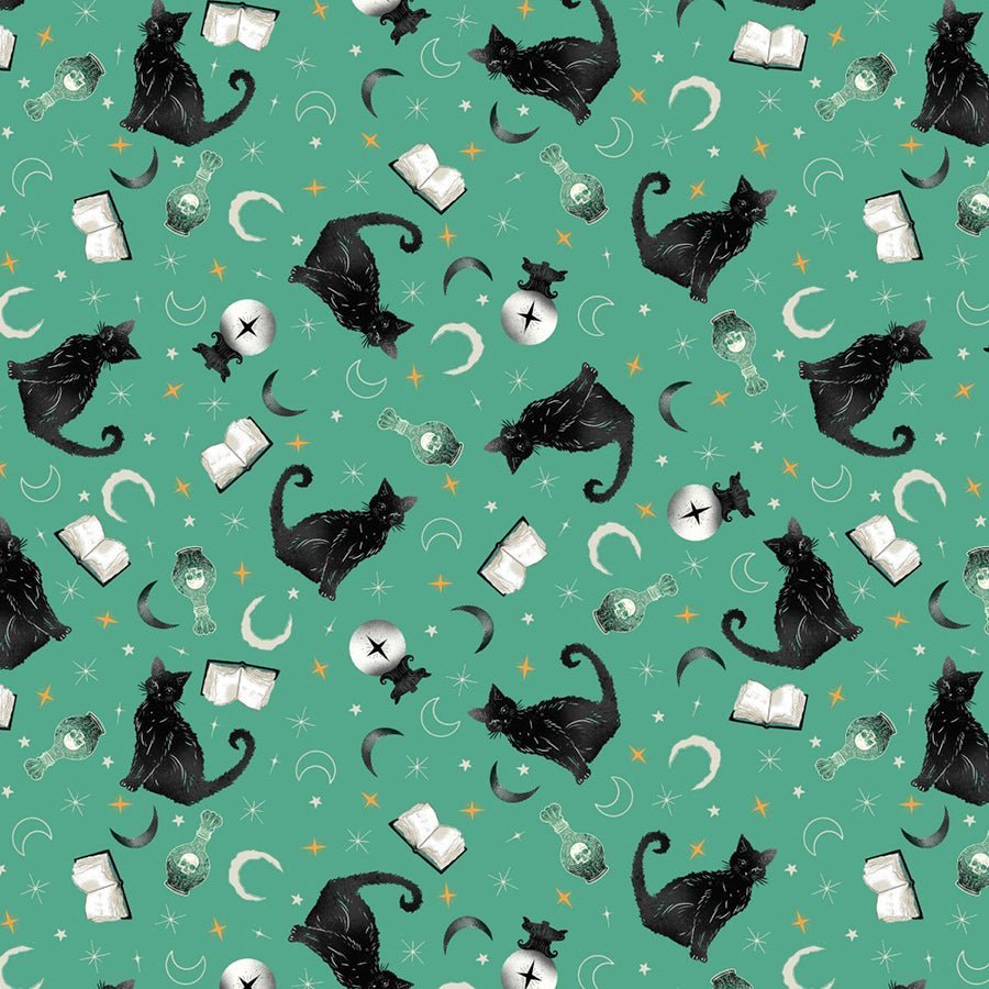Witchy Wicked Black Cats Turquoise – Remnant 10″ × 44″ - Blank Quilting from Fort Worth Fabric Studio