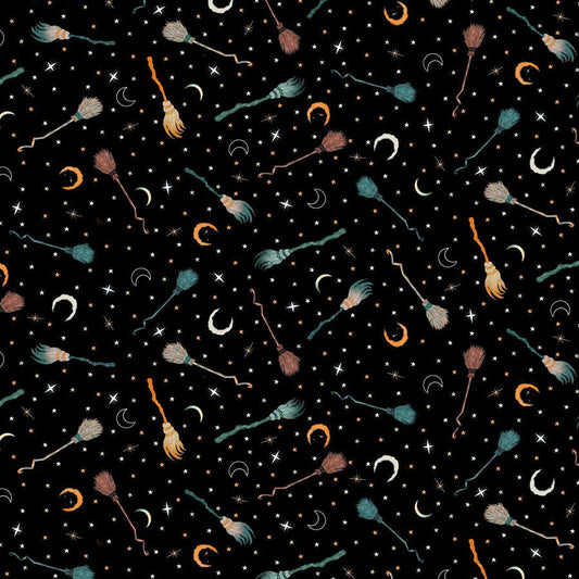 Witchy Wicked Broomsticks Black - Blank Quilting from Fort Worth Fabric Studio