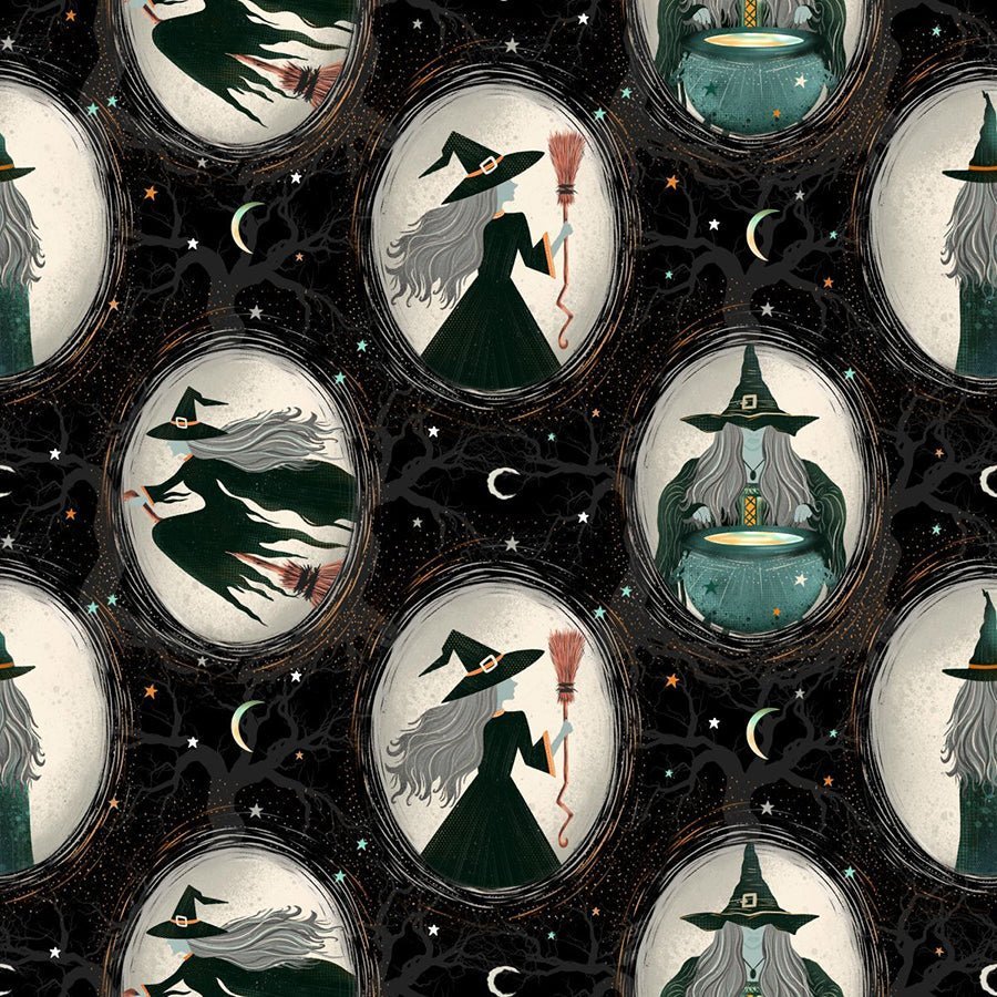 Witchy Wicked Witch Cameos Black – Remnant 24″ × 44″ - Blank Quilting from Fort Worth Fabric Studio
