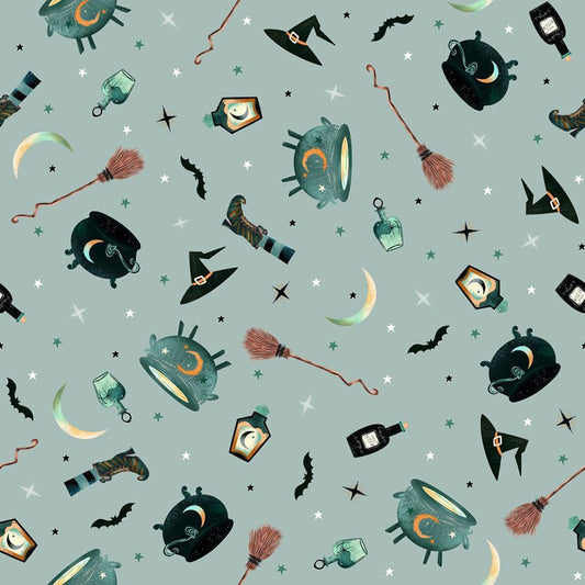 Witchy Wicked Witchy Goods Dusty Blue – Remnant 24″ × 44″ - Blank Quilting from Fort Worth Fabric Studio